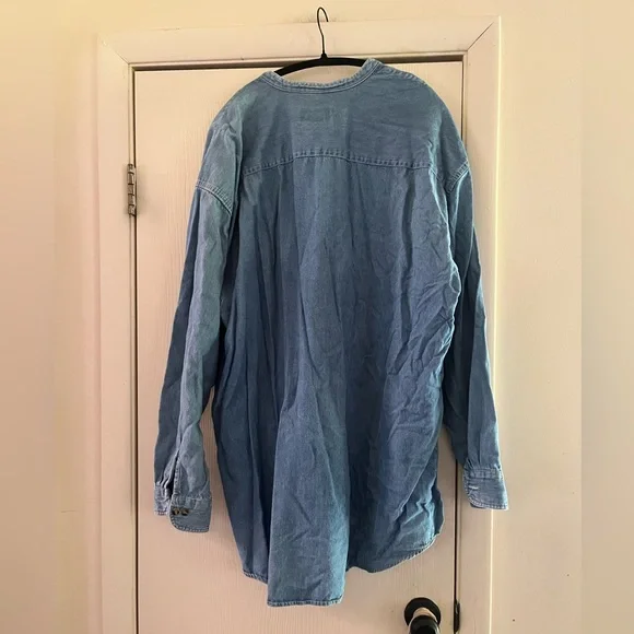 Men’s 90s Chambray Minimalist Preppy Denim Mandarin Collar Button Front 2X Shirt - Picture 4 of 6